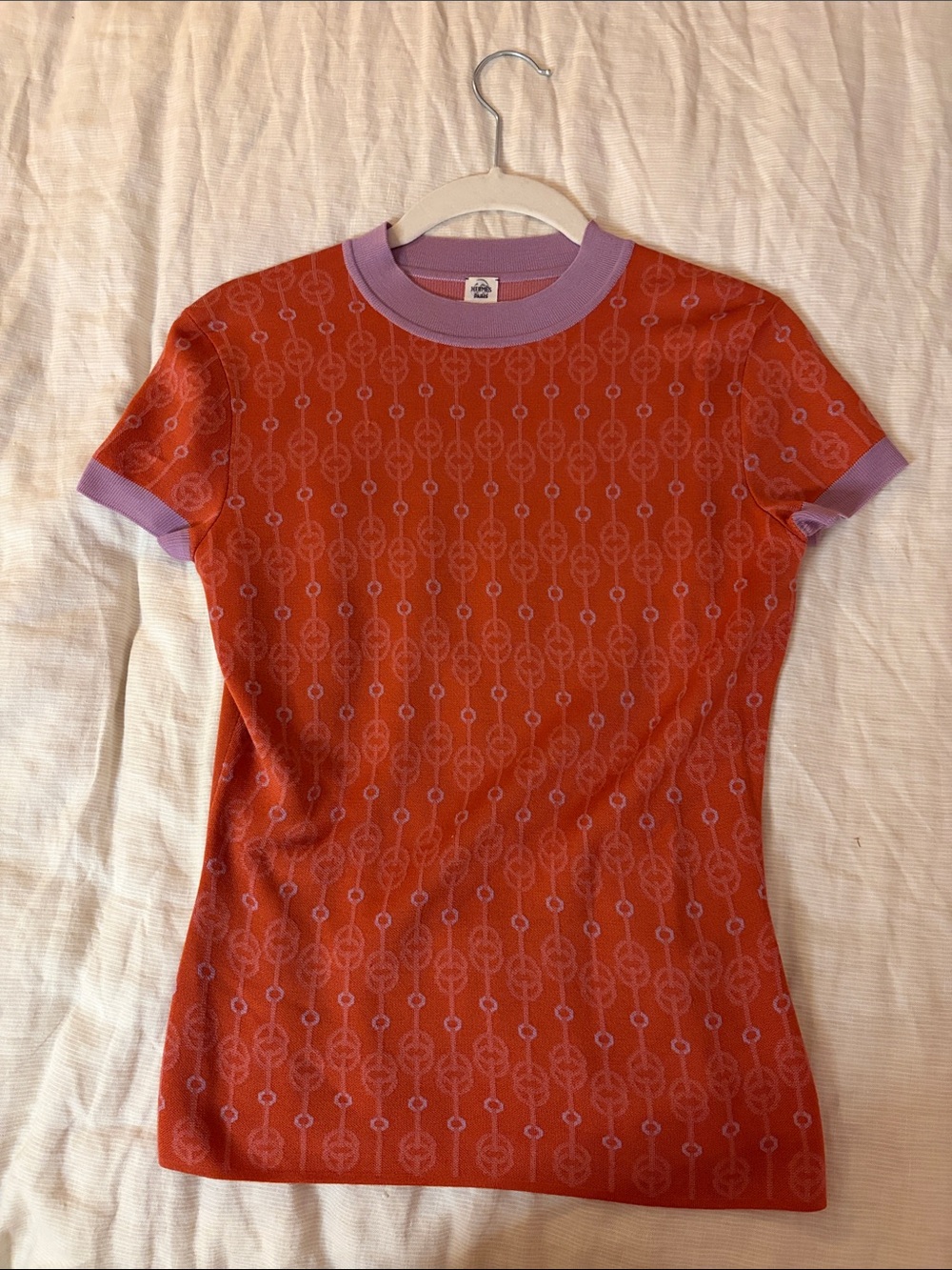 Hermes Red Short-Sleeve Tee with Lavender Trim